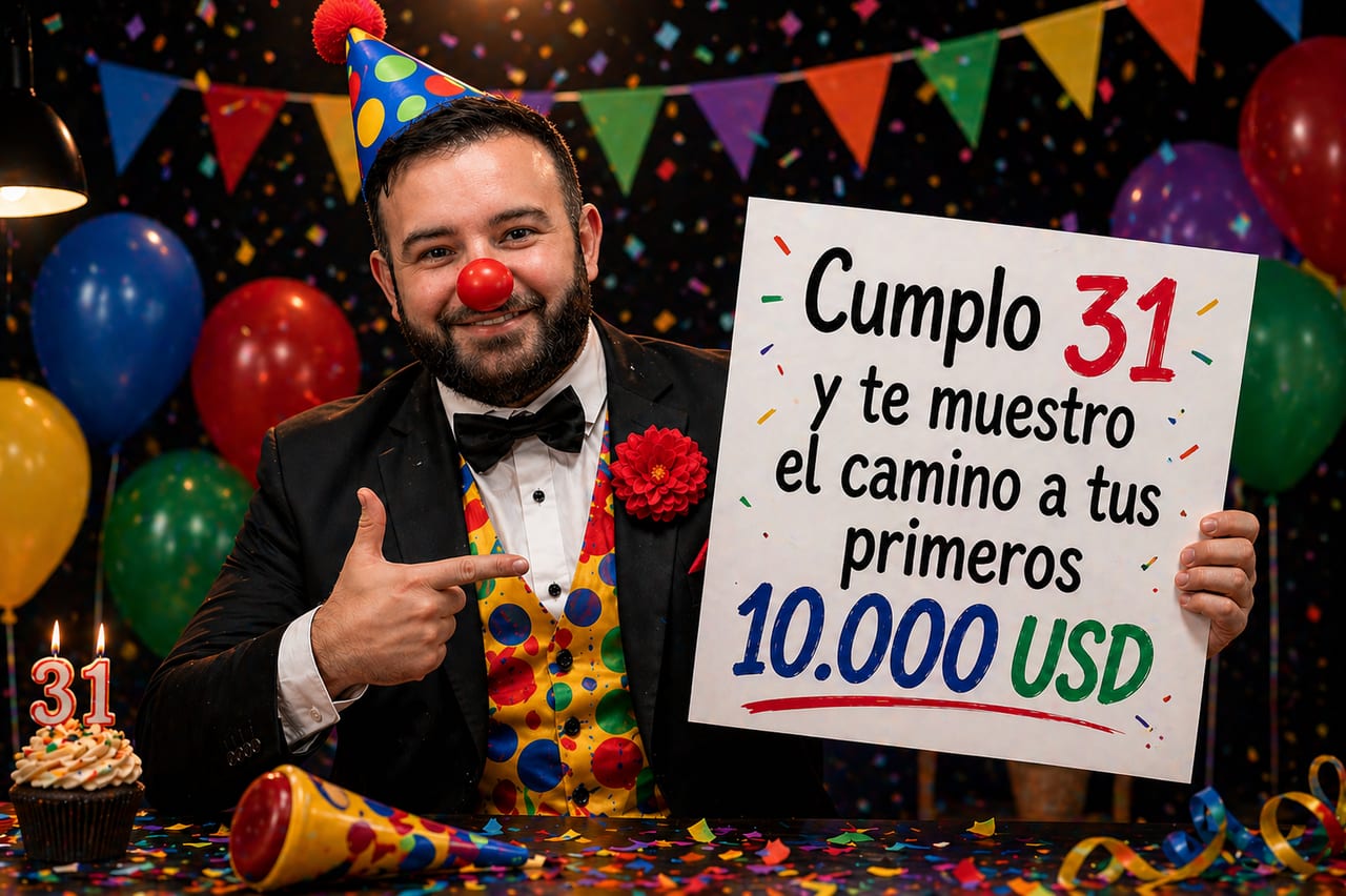 Mauro Stendel con nariz de payaso y sombrero de cumpleaños sosteniendo un cartel que dice Cumplo 31 y te muestro el camino a tus primeros 10.000 USD